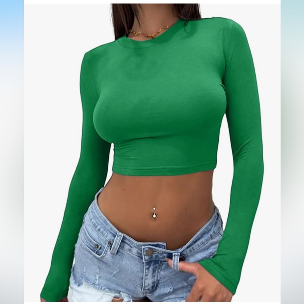 Green Long Sleeve Crop Top